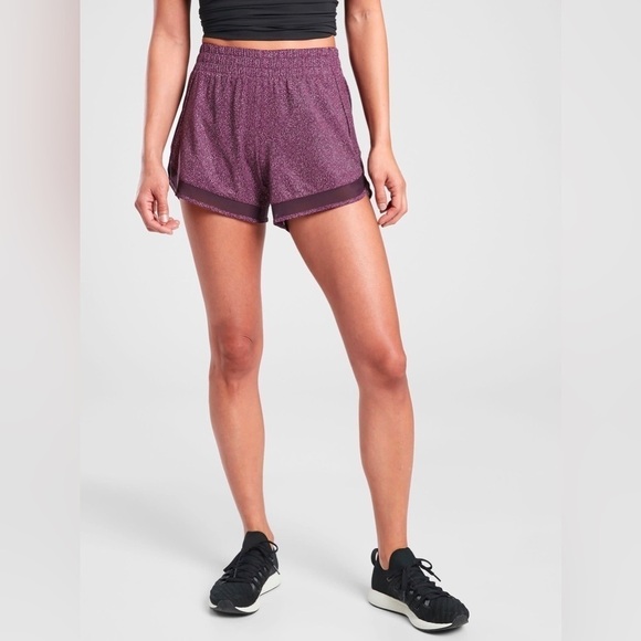 Athleta Printed Mesh Racer Run Shorts 4” in Violet Static S